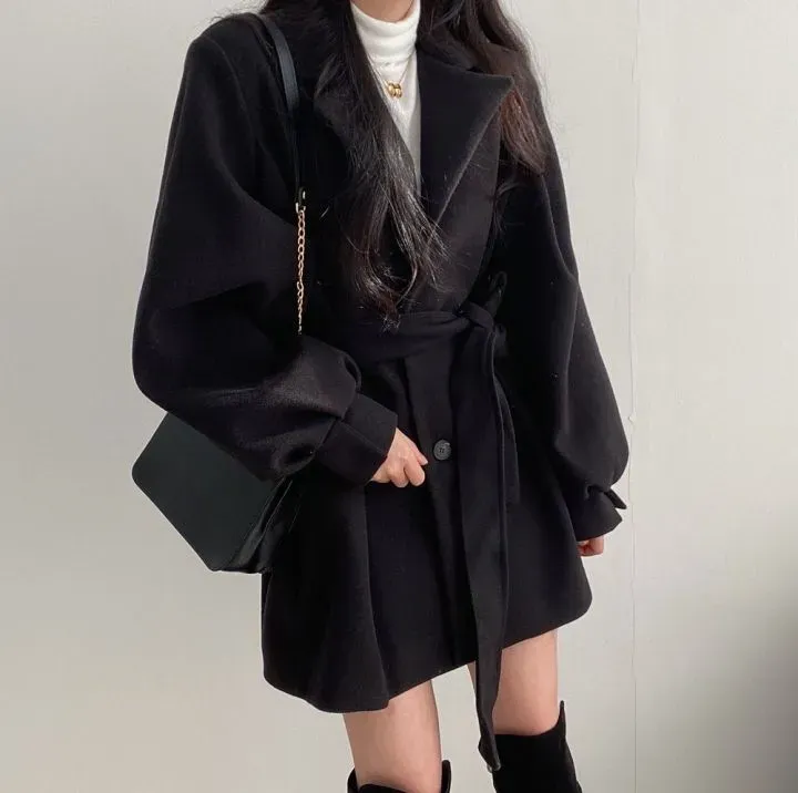 2023 Winter Women Wool Elegant Turn-down Collar Single Breasted Woolen Coat Vintage Slim Lantern Sleeve Solid Jacket with Belt