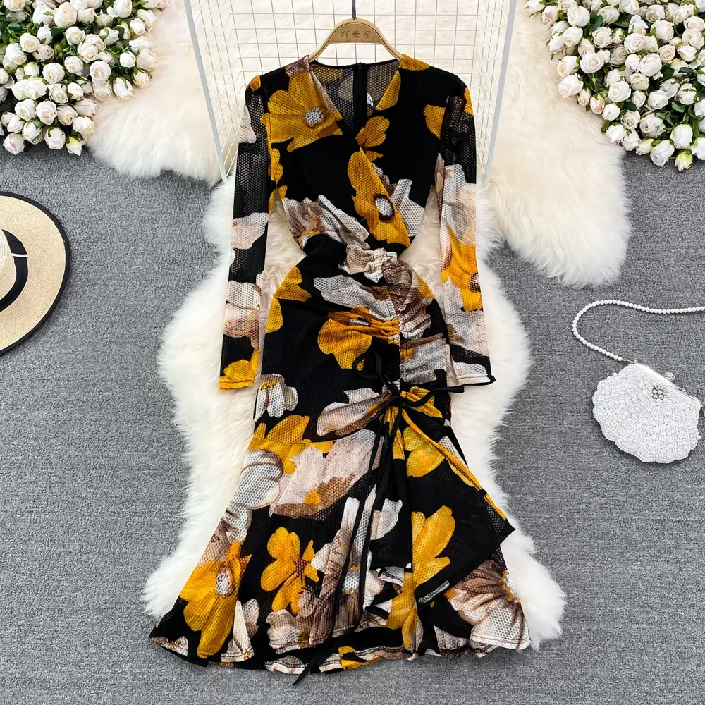 2023 Long Sleeve Women Casual Dresses Spring Autumn Elegant Floral Dress Festa Long Pleated Party Robe Femme Vintage Bow Vestidos