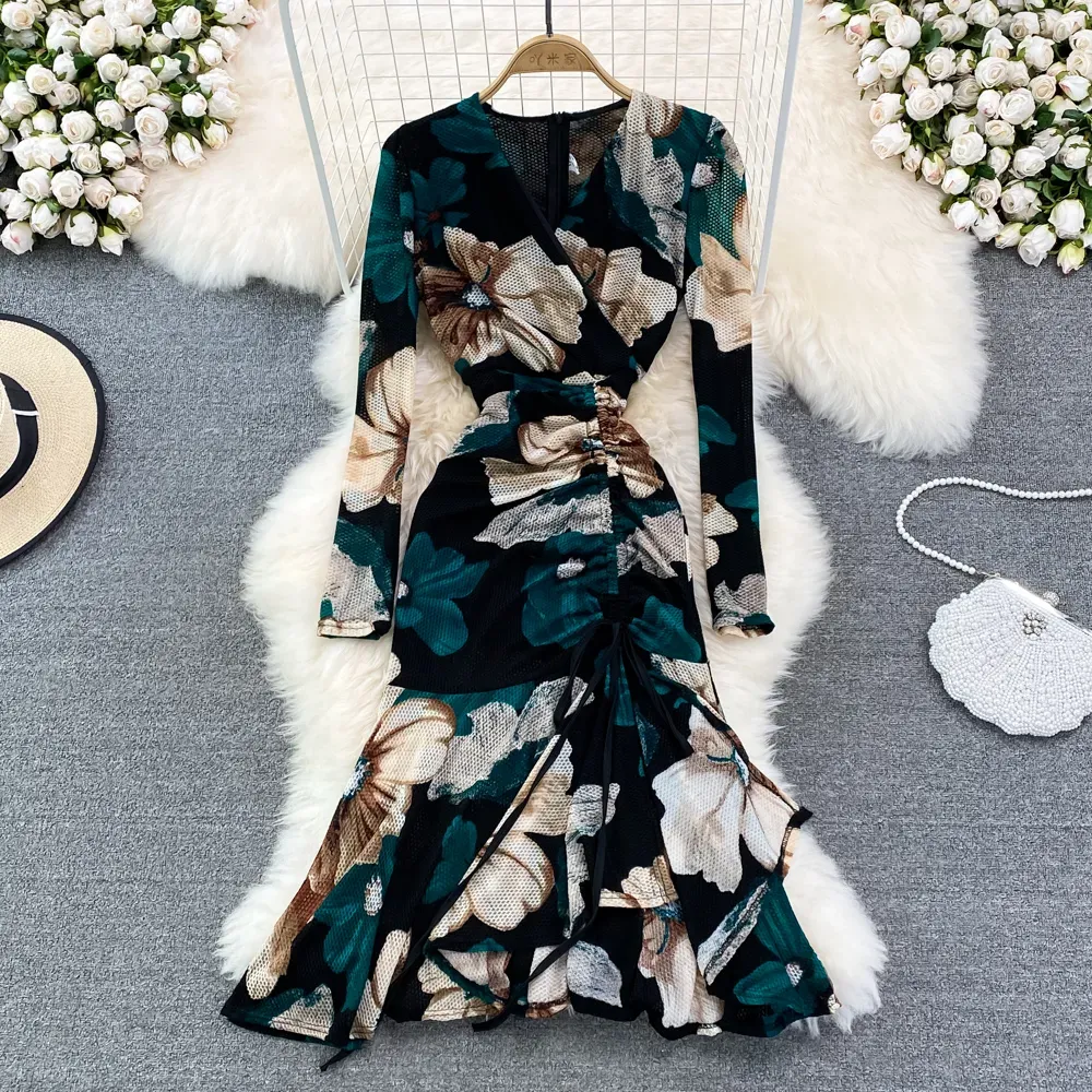 2023 Long Sleeve Women Casual Dresses Spring Autumn Elegant Floral Dress Festa Long Pleated Party Robe Femme Vintage Bow Vestidos