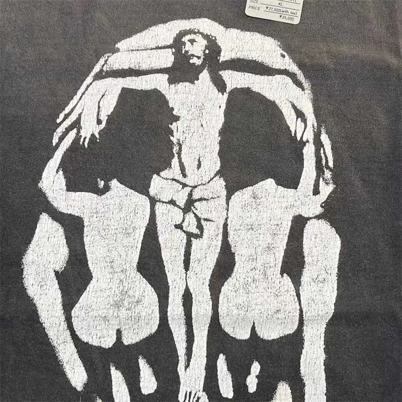 Men's T-Shirts Good Quality Saint Michael Fashion T-Shirt Men Oversize Jesus Skeleton Pattern Washed T Shirt Women Vintage Tee