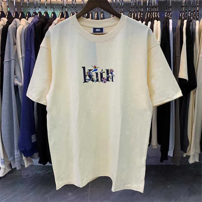 Men's T-Shirts Good Quality 2023ss Kith Fashion T Shirt Men Flower Bird Print Black White Apricot Women T-Shirt Loose Short Sleeve