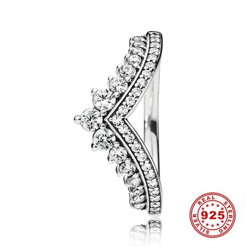 925 Silver Women Ring Original Heart Crown Fashion Rings Princess Tiara Crown Sparkling Love Heart CZ 741124