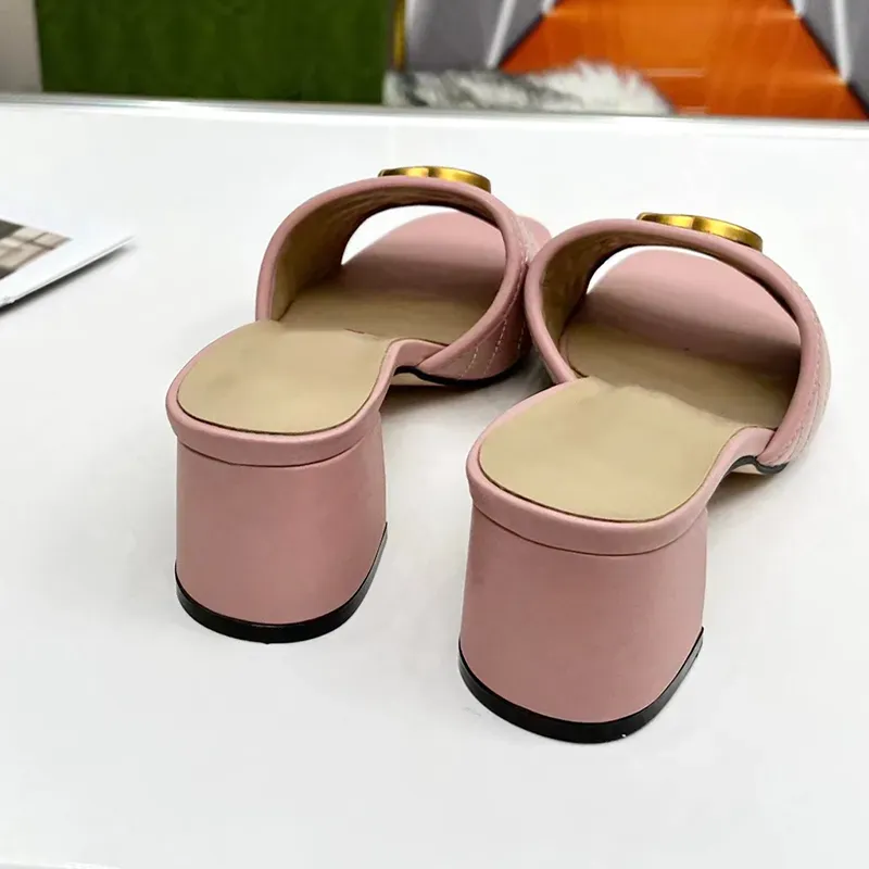 New Women`s High Heel Slippers Designer sandals for women Leather Fashion Sexy Embroidered Summer Chunky Heel Sandals 6.5cm With Box slides