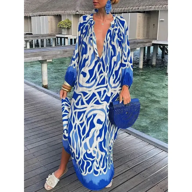 Casual Dresses Women Vintage Maxi Dresses Summer Sexy Deep VNeck Long Sleeve Boho Print Long Dresses Female Beach Cover Up Elegant Robe