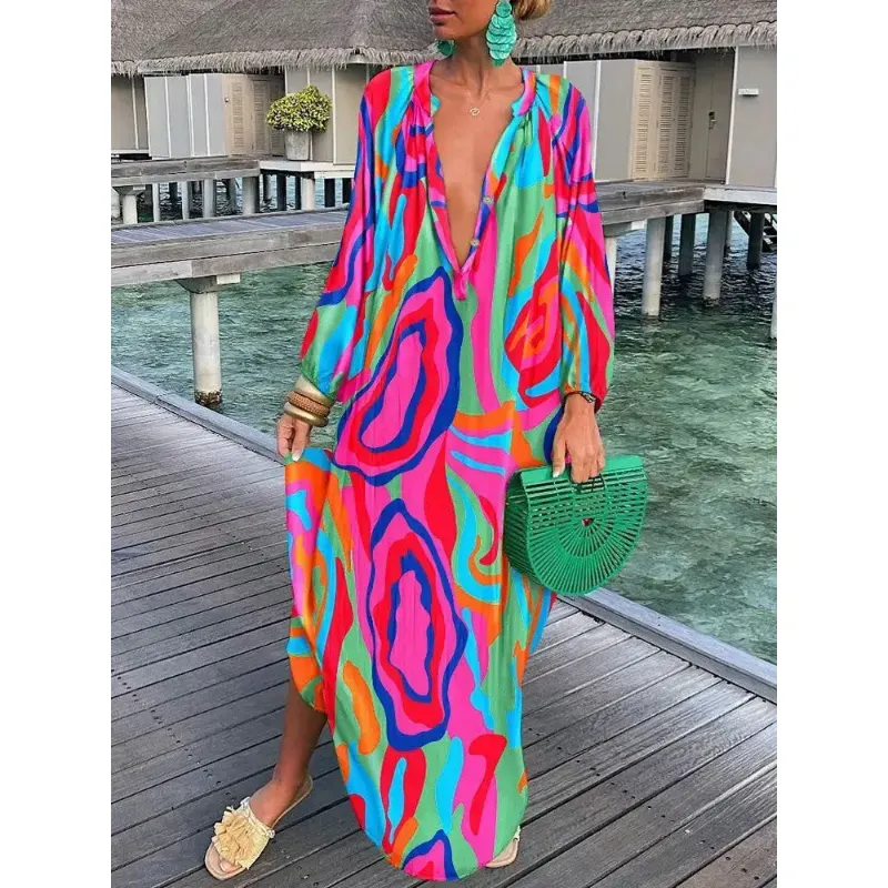 Casual Dresses Women Vintage Maxi Dresses Summer Sexy Deep VNeck Long Sleeve Boho Print Long Dresses Female Beach Cover Up Elegant Robe