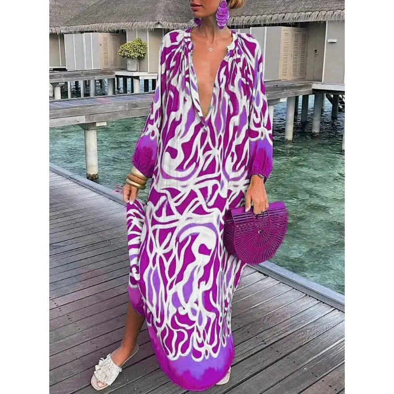 Casual Dresses Women Vintage Maxi Dresses Summer Sexy Deep VNeck Long Sleeve Boho Print Long Dresses Female Beach Cover Up Elegant Robe