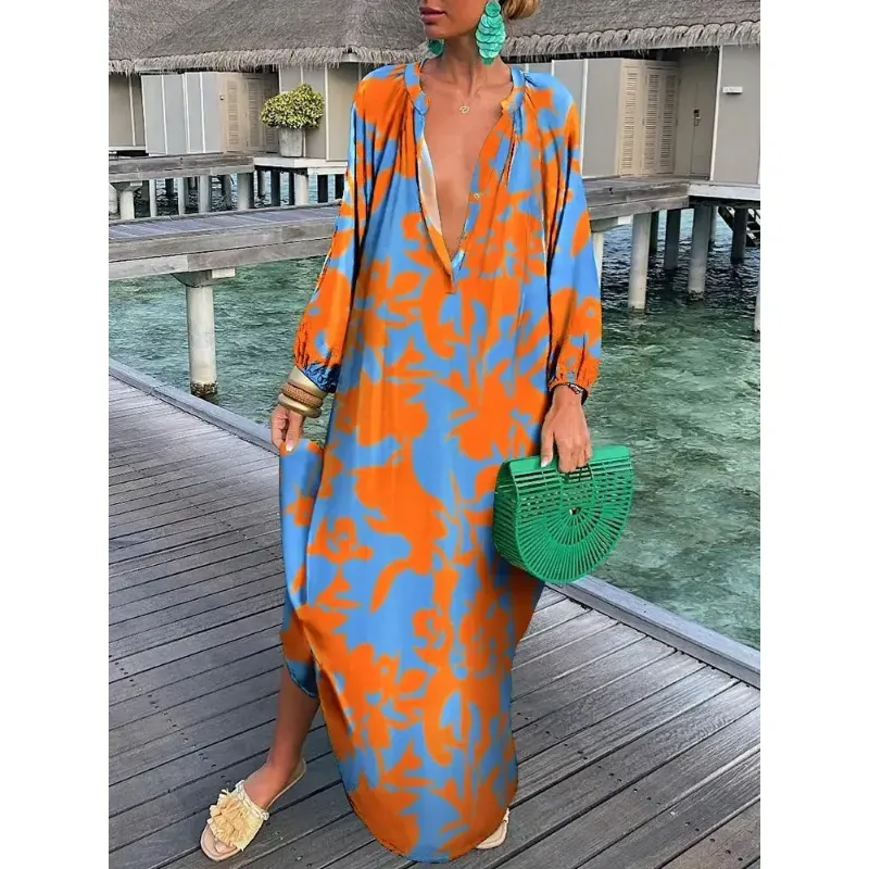 Casual Dresses Women Vintage Maxi Dresses Summer Sexy Deep VNeck Long Sleeve Boho Print Long Dresses Female Beach Cover Up Elegant Robe