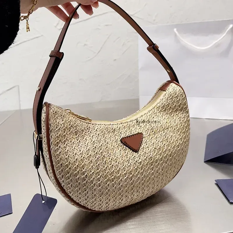 Woven Underarm Bag Straw Handbags Lafite Grass Half Month Bags Women Clutch Handbag Leather Handle Zipper Closure Fashion Letter 2401