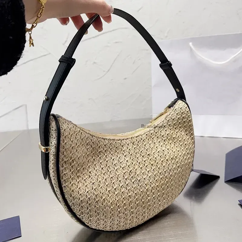 Woven Underarm Bag Straw Handbags Lafite Grass Half Month Bags Women Clutch Handbag Leather Handle Zipper Closure Fashion Letter 2401