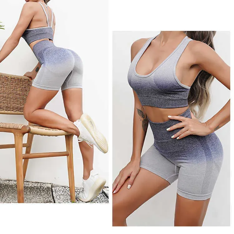 Yoga Outfits CUTIES Ombre Seamless Yoga Clothes Woman Sports Workout Two Piece Short Set 2023 Gym Fitness Suit for Women Sportwear AA230509