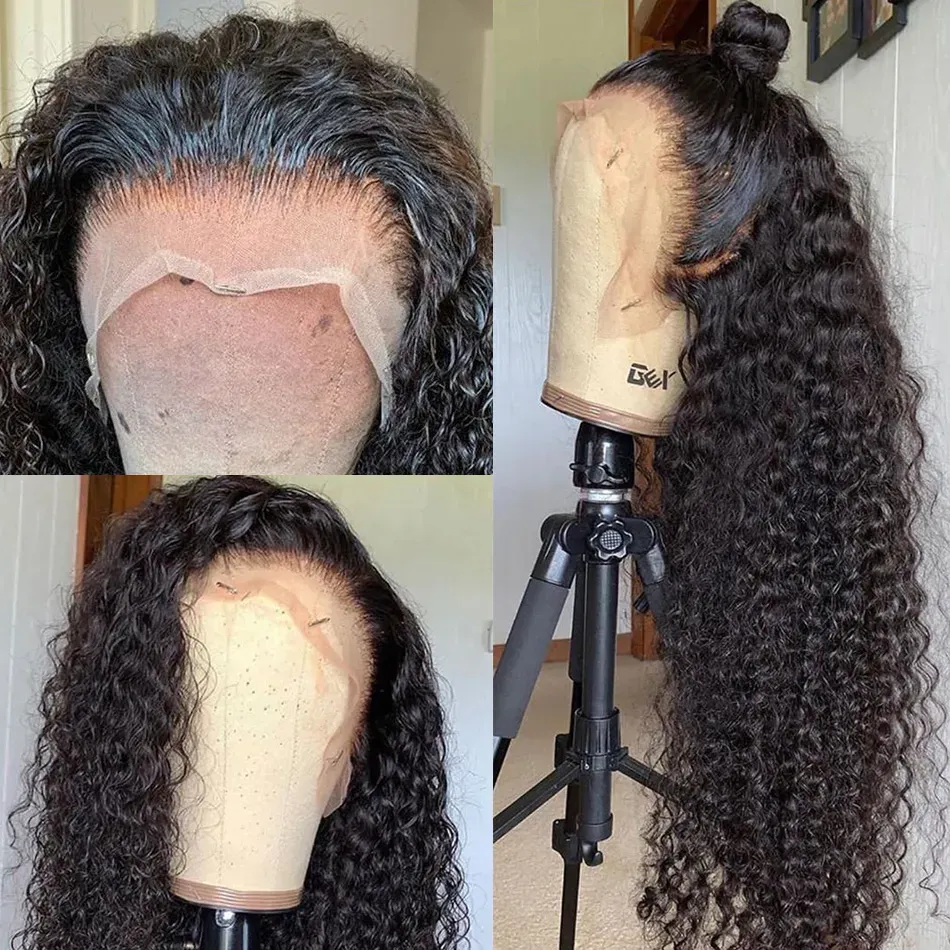 180Ddensity Curly Simulation Human Hair Wigs Brazilian Water Wave Lace Front Wigs For Black Women Pre Plucked Black Color Deep Wave Synthetic Frontal Wig