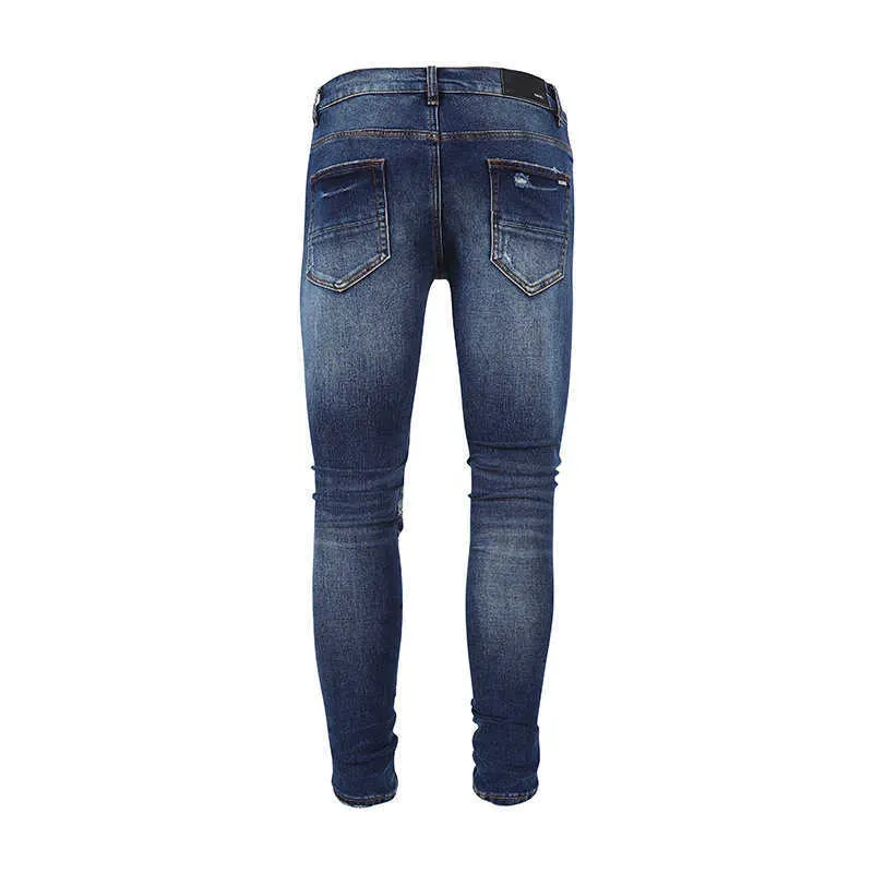 designer amirssMen's Jeans High Street Light Blue Collated Orange Leather Double Knee Punch Cut SLP Jeans