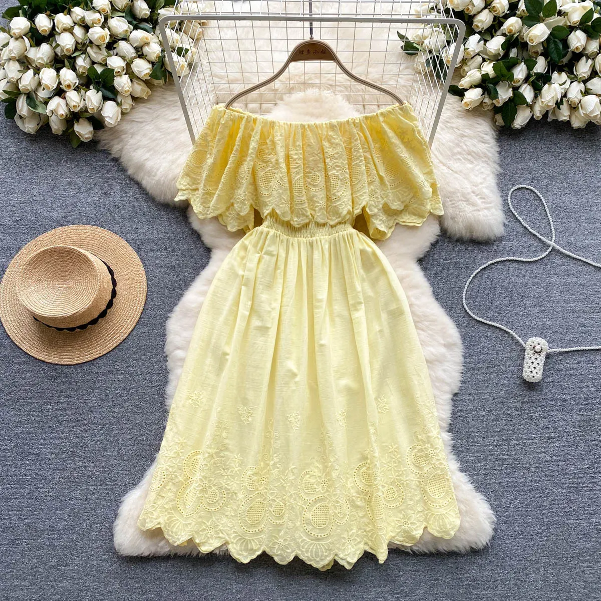 Korea Chic French Ruffled A-line Dress Women Slash Neck Summer Slim Holiday Party Clothes Vestidos Elegantes Para Mujer 2023