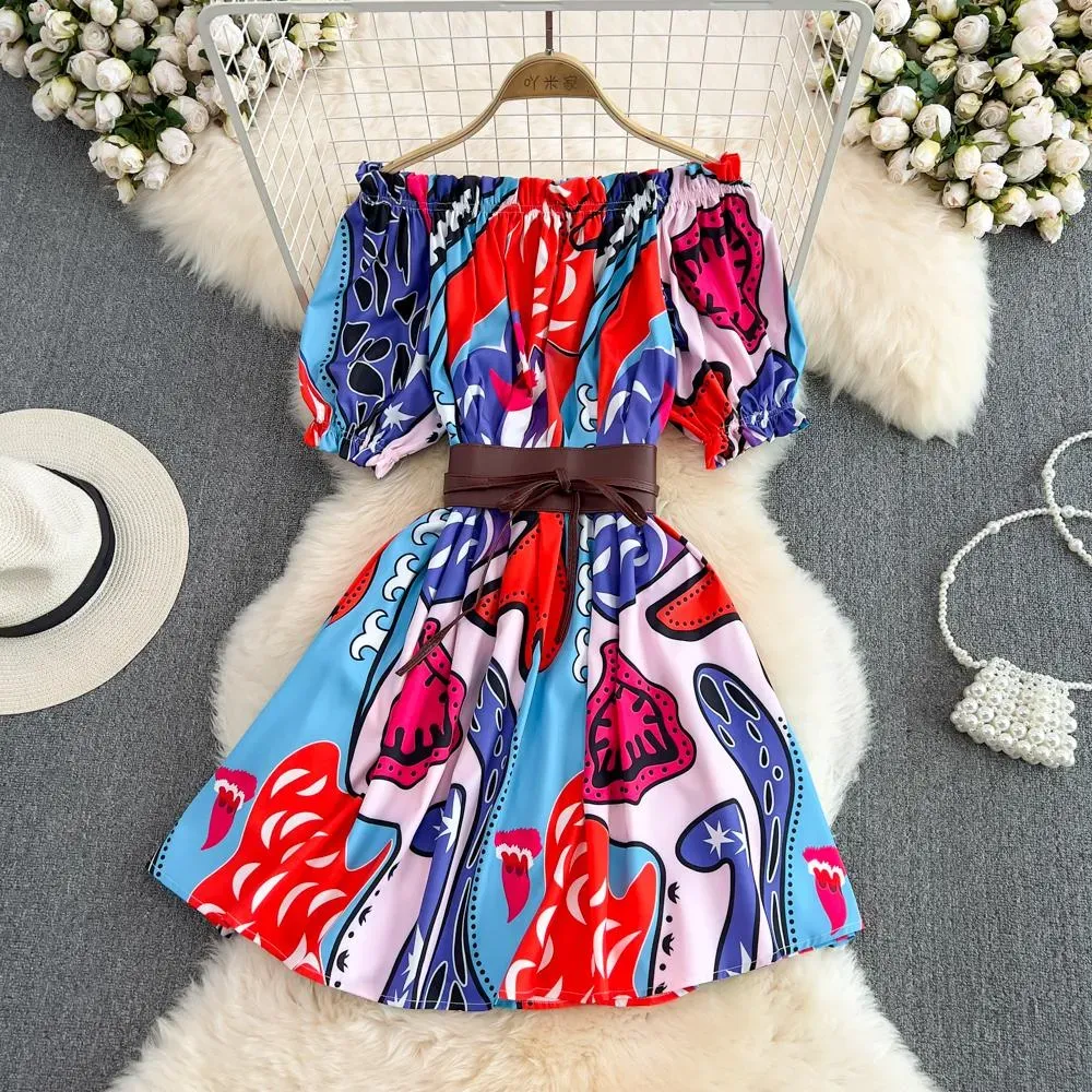 Basic Casual Dresses Summer Fashion Women Off Shoulder Mini Dress Runway Slash Neck Short Sleeve Floral Print Belt Party Vestidos 2023