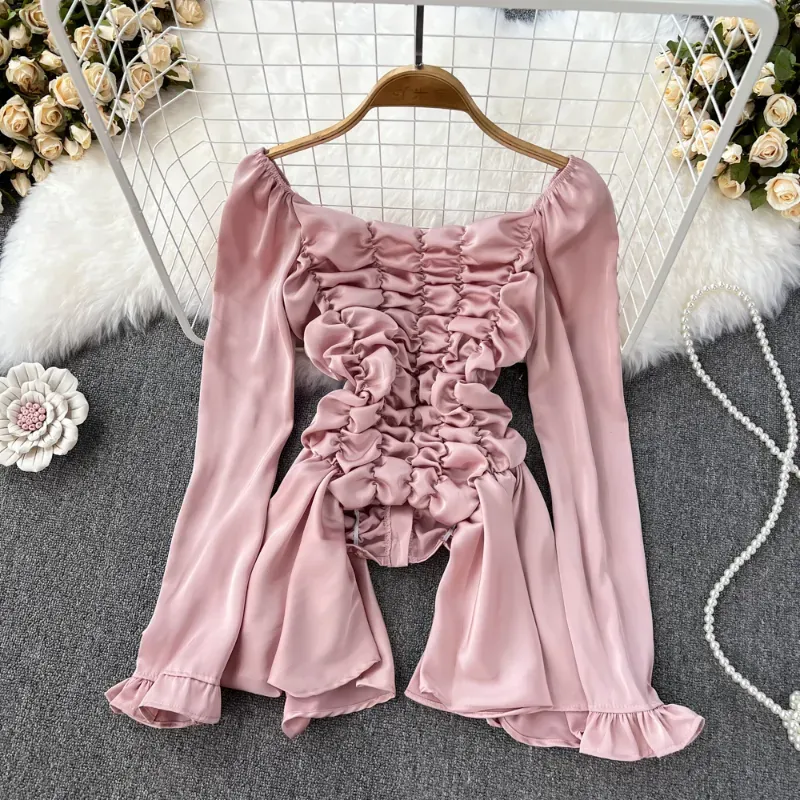 Vintage Women's Blouses Clothing Blusas Mujer Square Collar Solid Color Flare Sleeve Blouses Pleated Slim Single-breasted Shirts 2023