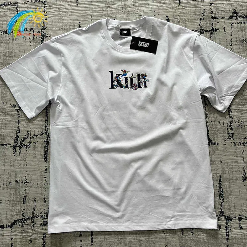 Men's T-Shirts Men Women Casual Fashion Flower Bird Printing Kith T Shirt 100% Cotton Black White Apricot Loose KITH Tee Top Inside Tags