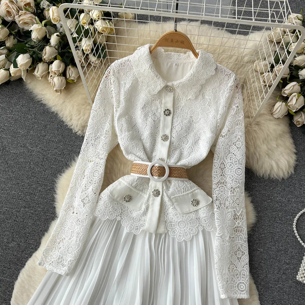 Casual Dresses Spring Summer Party Lace Elegant White Dress Women Office Long Sleeves Hollow Out Pleated Dresses A-line Belt Patchwork Maxi Vestidos 2023