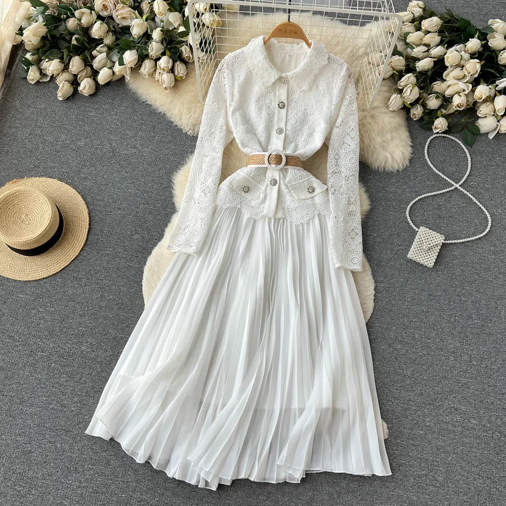 Casual Dresses Spring Summer Party Lace Elegant White Dress Women Office Long Sleeves Hollow Out Pleated Dresses A-line Belt Patchwork Maxi Vestidos 2023