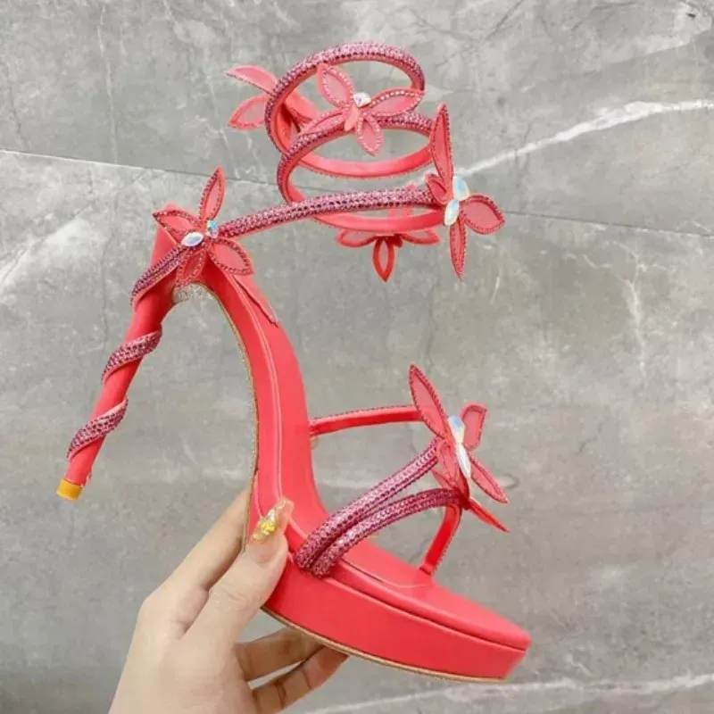 Rhinestone Snake Strass stiletto sandals Rene Caovilla Cleo 9.5cm Evening shoes women`s high heels Ankle Wraparound luxury designer factory shoe With boxFlowers 43