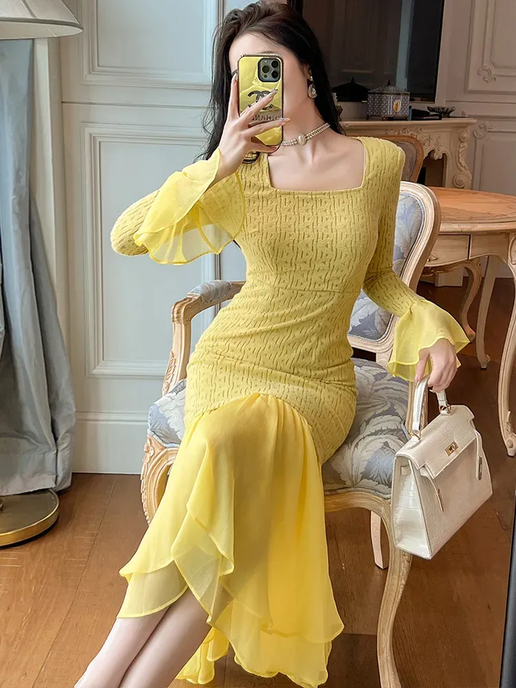 Casual Dresses Women's French Girls' Style Prom Dresses Celebrity Yellow Knitted Elastic Ruffles Fishtail Robe Party Catwalk Vestidos Spring 2024