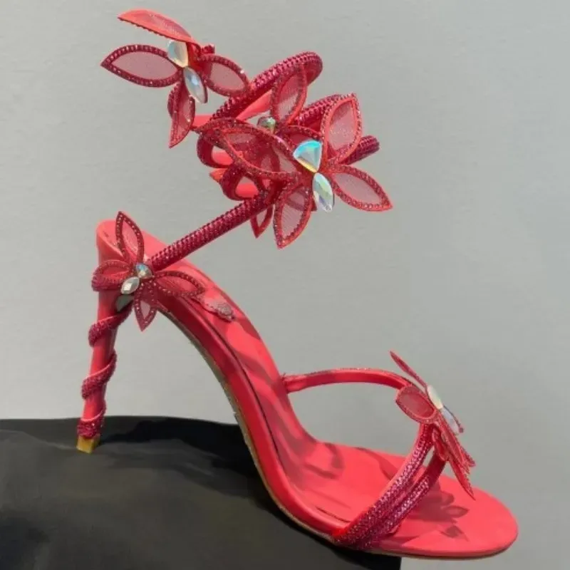 Rhinestone Snake Strass stiletto sandals Rene Caovilla Cleo 9.5cm Evening shoes women`s high heels Ankle Wraparound luxury designer factory shoe With boxFlowers 43