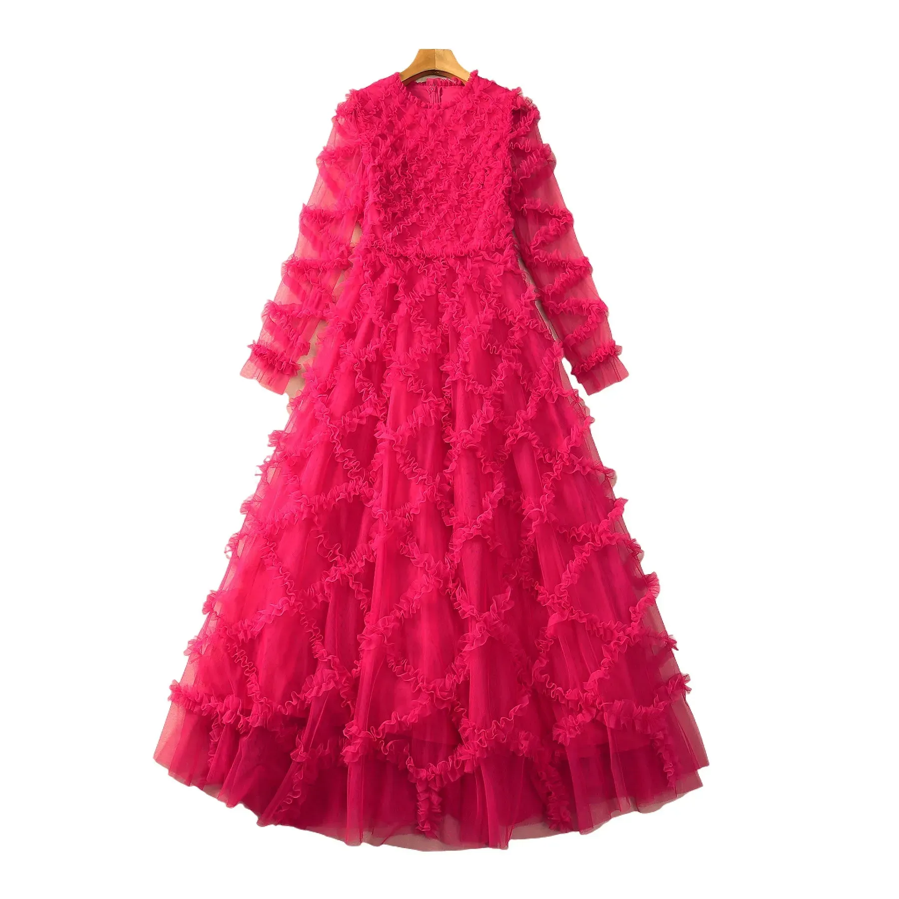 2024 Spring Hot Pink Solid Color Sheer Tulle Panelled Dress Long Sleeve Round Neck Long Maxi Casual Dresses S3N121023