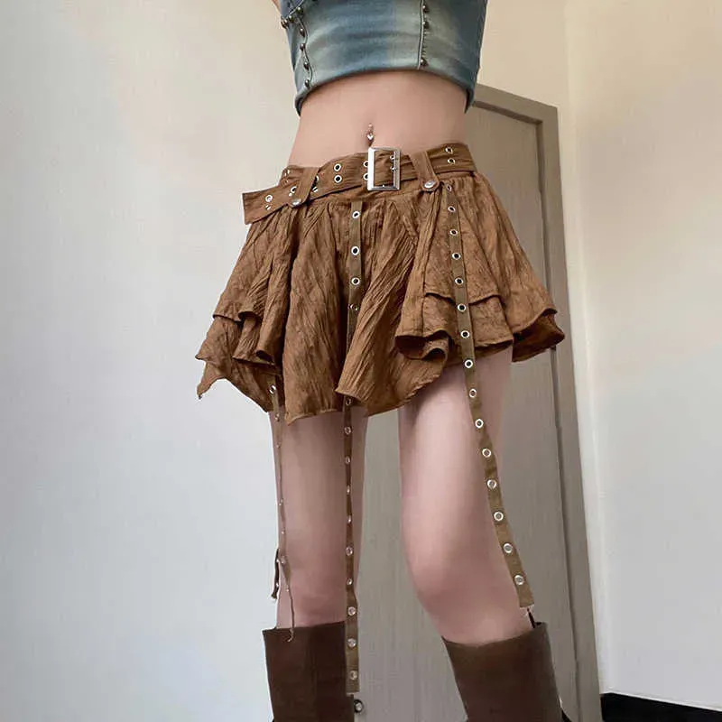 Skirts HOUZHOU Vintage Grunge Mini Skirt for Women Irregular Hem Ribbon Patchwork Punk Low Waist Belt Brown Short Skirt Y2k Streetwear P230422