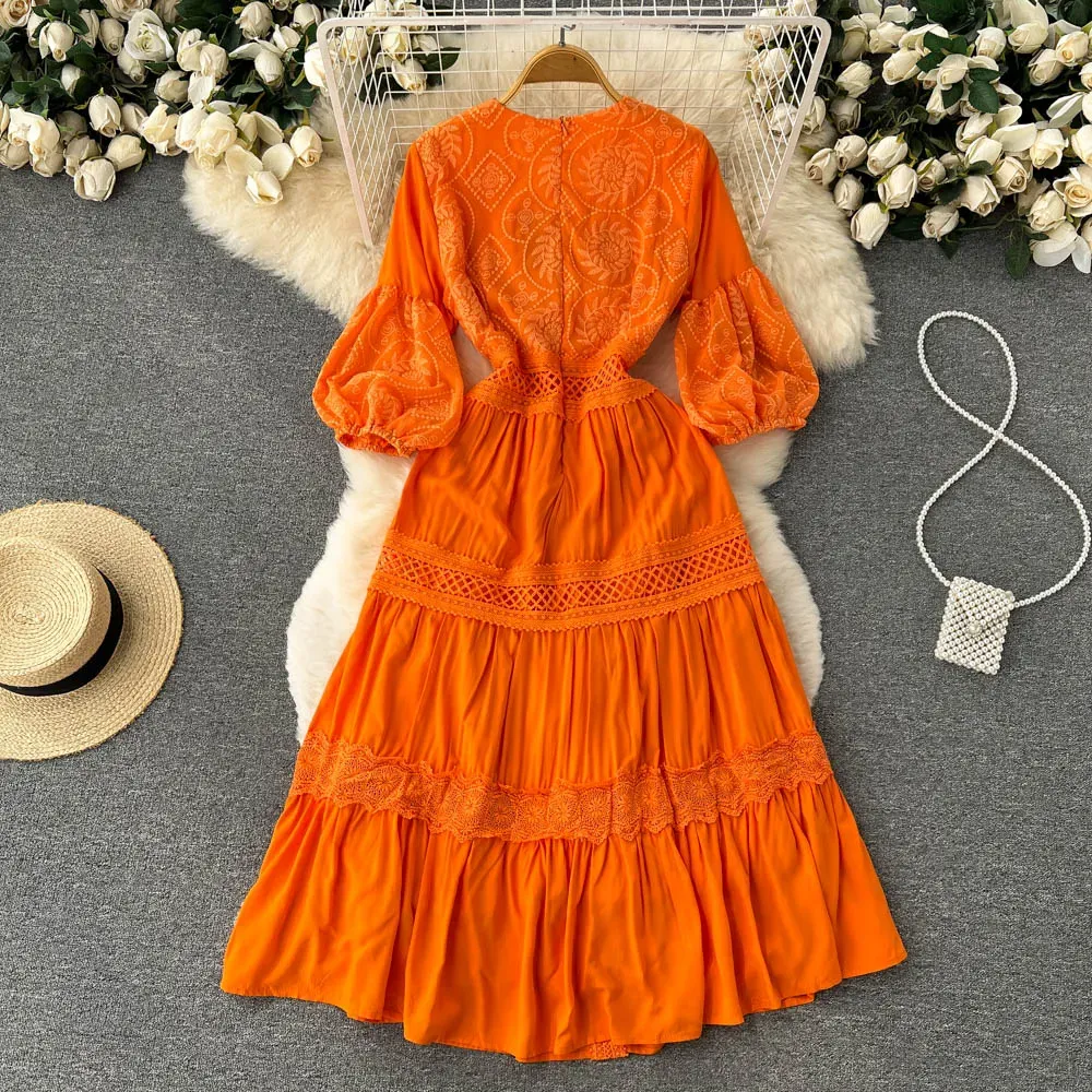 2023 Vestidos De Mujer Summer Vintage Dresses for Women Lace Up V-neck Lantern Sleeve Lace Hollow Out Dress Korean Robe Femme
