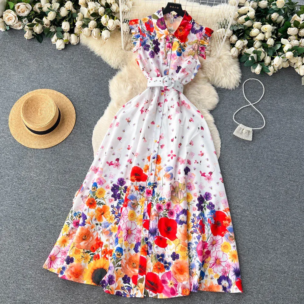 Casual Dresses New Retro Court Sleeveless Thin Floral Print A-line Maxi Dress Women Single Breasted Party Clothes Vestidos De Verano Mujer 2023