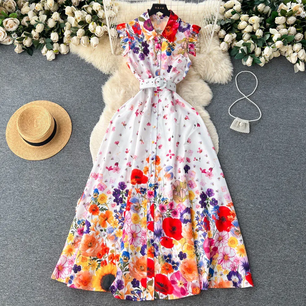 Casual Dresses New Retro Court Sleeveless Thin Floral Print A-line Maxi Dress Women Single Breasted Party Clothes Vestidos De Verano Mujer 2023