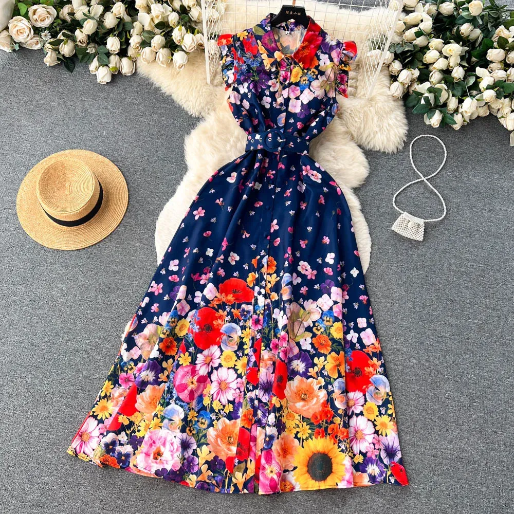 Casual Dresses New Retro Court Sleeveless Thin Floral Print A-line Maxi Dress Women Single Breasted Party Clothes Vestidos De Verano Mujer 2023
