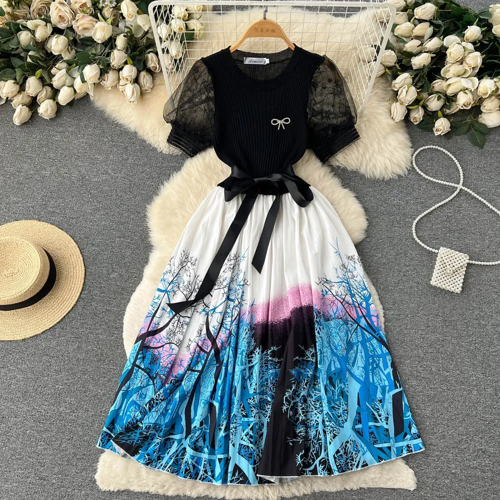 Casual Dresses Fashion Knitted Patchwork Pleated One Piece Dresses Women Elegant Mesh Puff Sleeve Sashes Bow Print Long Fake Two Piece Dress 2023