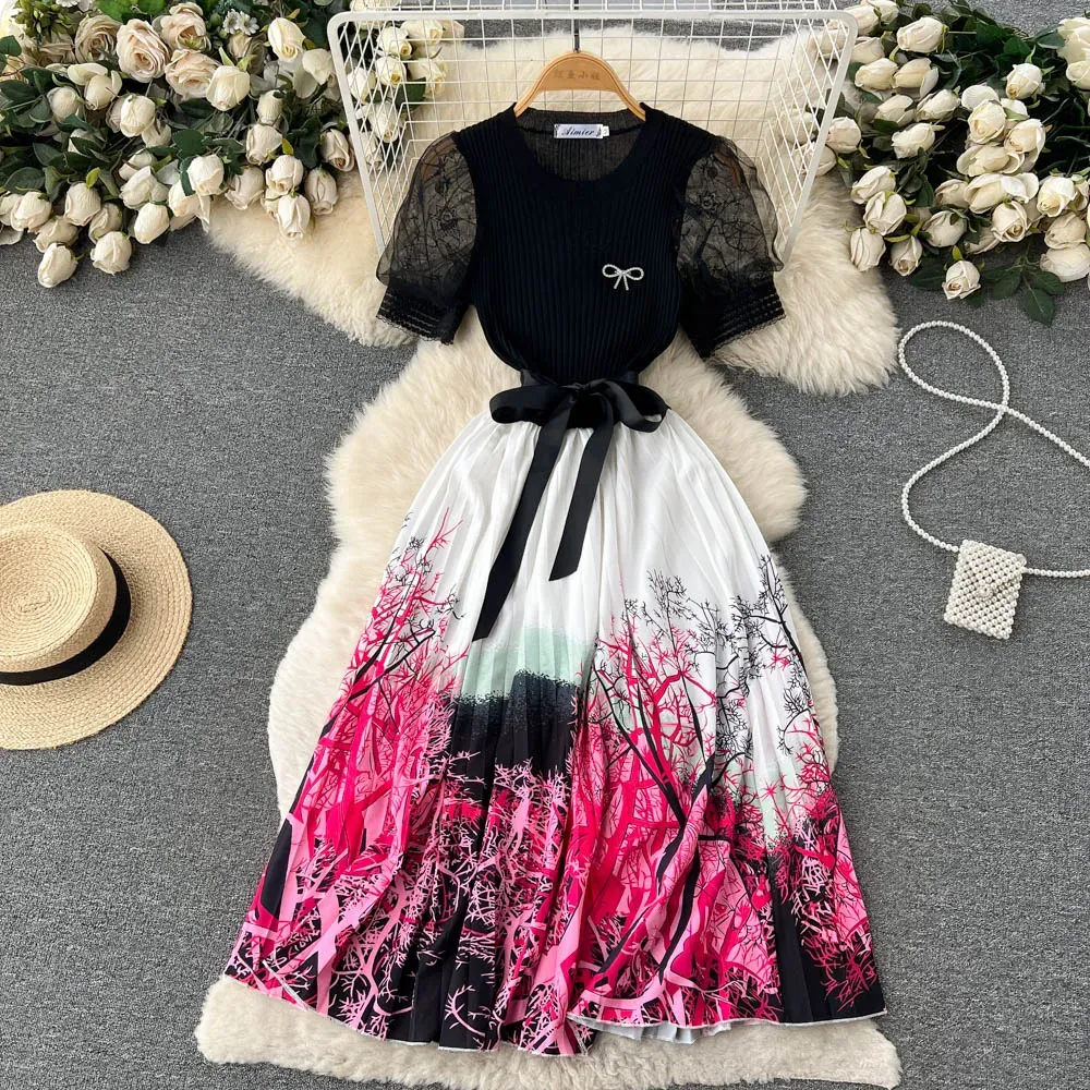 Casual Dresses Fashion Knitted Patchwork Pleated One Piece Dresses Women Elegant Mesh Puff Sleeve Sashes Bow Print Long Fake Two Piece Dress 2023