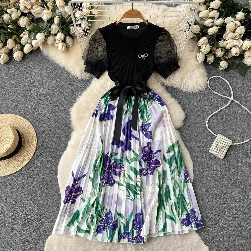 Casual Dresses Fashion Knitted Patchwork Pleated One Piece Dresses Women Elegant Mesh Puff Sleeve Sashes Bow Print Long Fake Two Piece Dress 2023