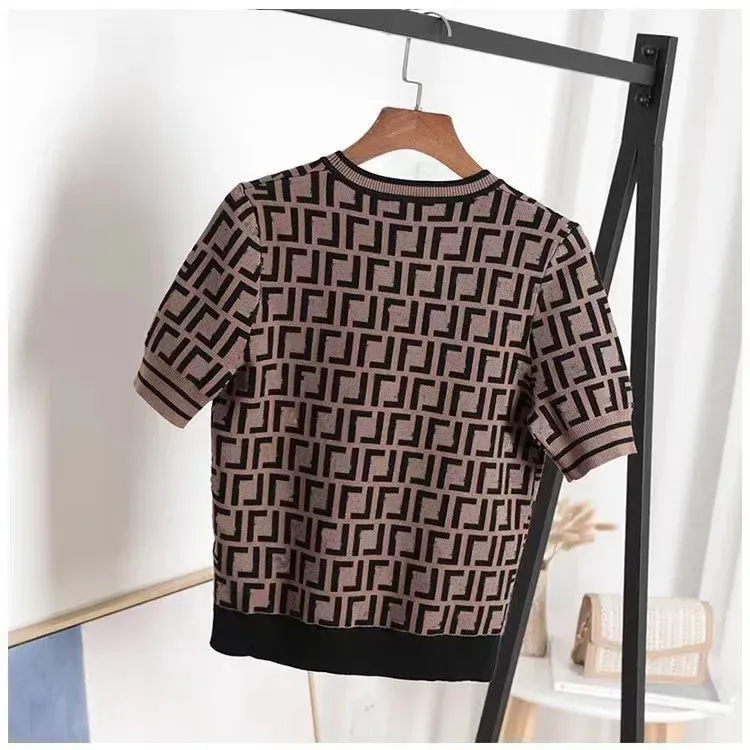 Designer luxury women`s knit and dress temperament full crewneck full F letter T-shirt ice silk small shirt thin jacquard knit top T-shirt