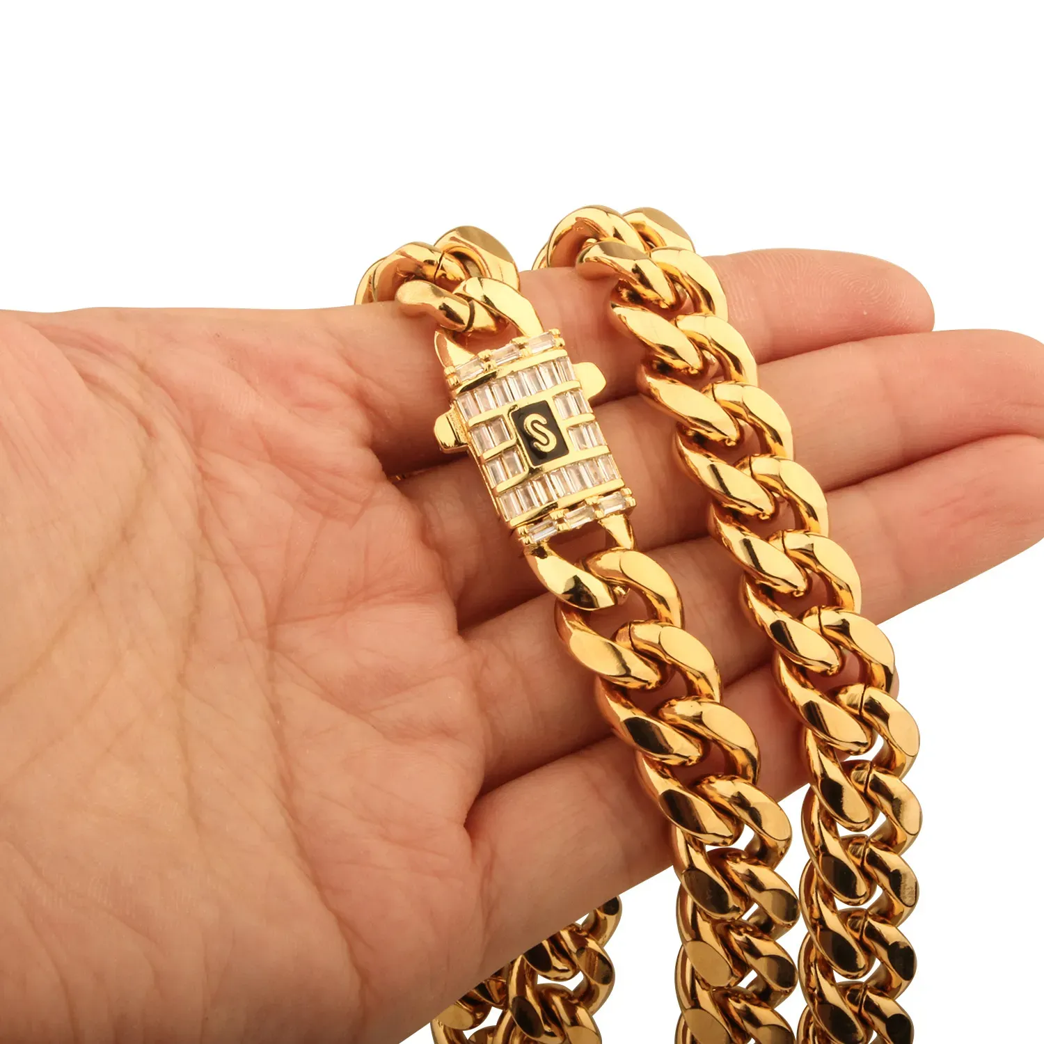 6mm-14mm Hip Hop Stainless Steel  Cuban Link Chain Necklace 18K Real Gold Plated T Zircon Clasp Mens Necklace Jewelry