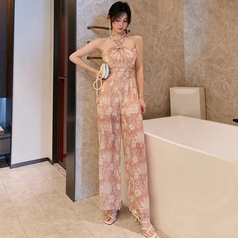 Women's Jumpsuits Summer Holiday Sexy Jumpsuit Women Chiffon Thin Pink Print Halterneck Off Shoulder Backless Wide Legs Pants Beach Seaside Romper 2024