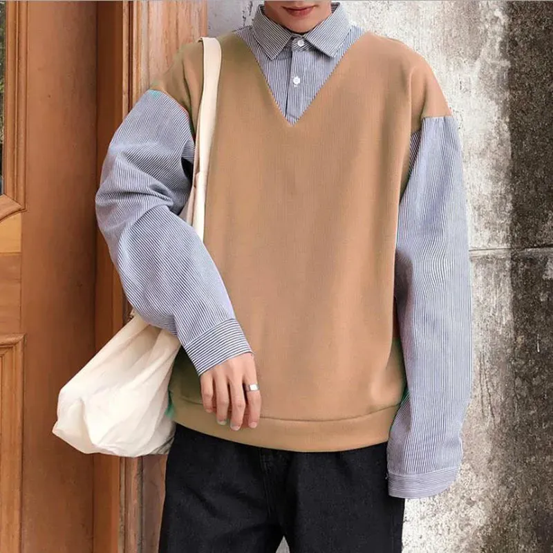 2021 New Arrival Fit Knitted Mens Fake Two-piece Solid Pullover Sweater Shirt Sleeveless Vest Jumper Autumn Male Sweaters