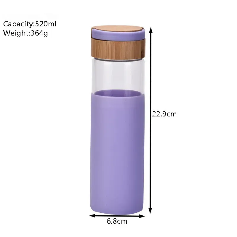 Colorful Portable Handle Tumblers 500ml 17oz Glass Water Bottle Drinking Tumbler Cups Insulated Bamboo Lids and Silicone Protective Sleeve BPA Free