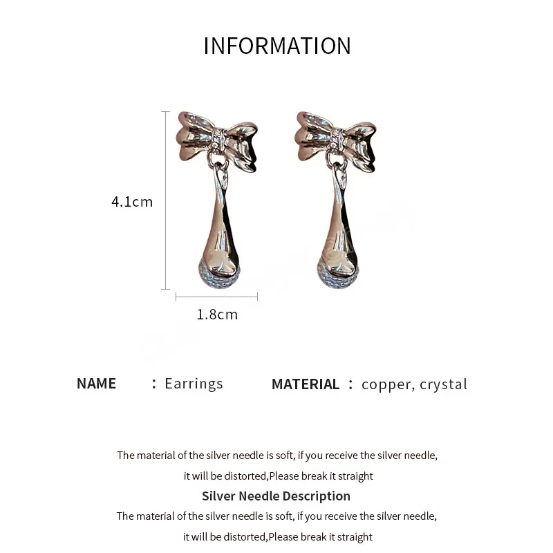 Shiny Silver Color Bow-knot Dangle Earrings Crystal Ball Pendant 925 Silver Needle Piercing Ear Studs Copper Accessories for Girls