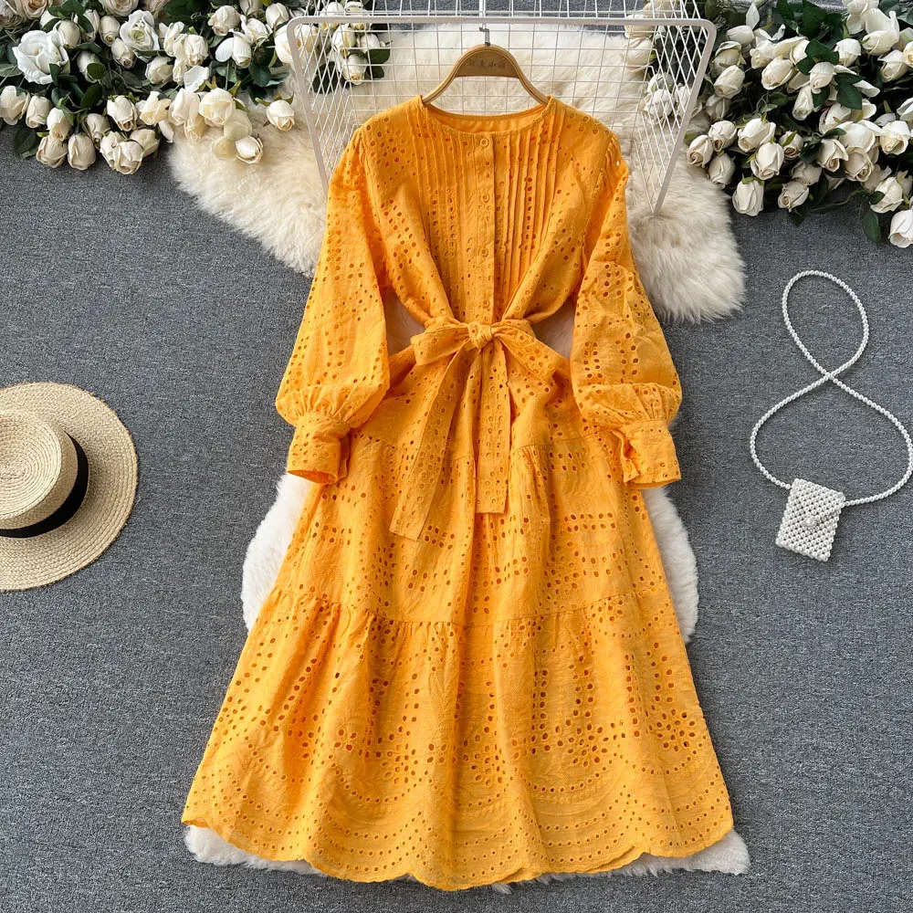 A line Women's Hollow Out Dress Purple Lace Up Slim Elegant Dress Vestido Temperament Sweet Korea Chic Summer 2023