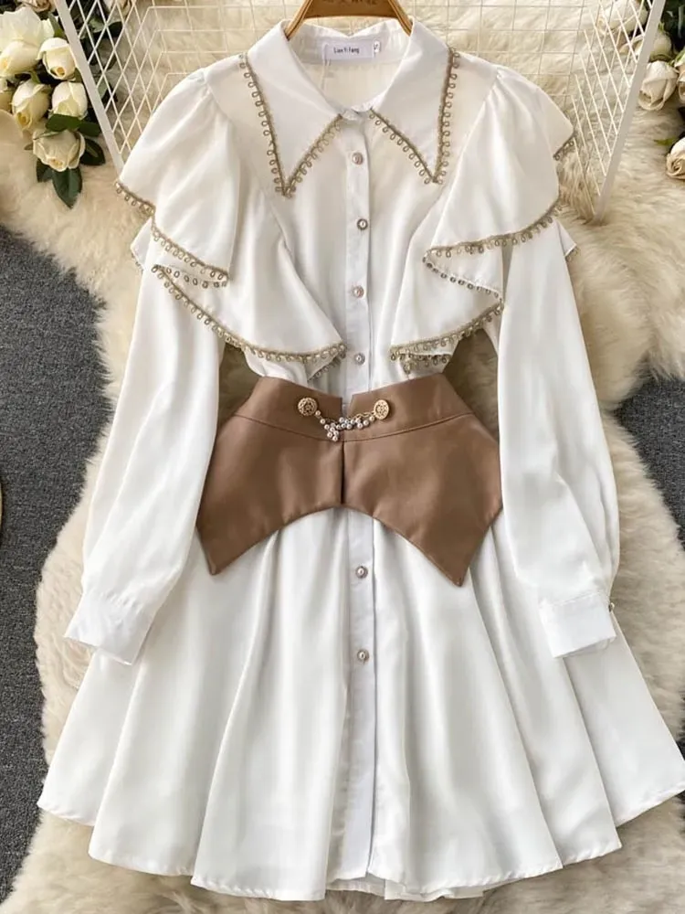 Hot Fashion 2023 Casual Dresses New Autumn Summer Fashion Long Sleeve Slim Waistband White Dress Vestidos Two Piece Set Women
