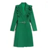 Kvinnors kostymer 2024 Fashion Green Trench Coat Women Spring Autumn Ruffle Chic Windbreaker Slim Midjeband Långt ytterkläder Casual Blazer Tops