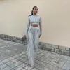 Frauen Zweiteilige Hosen Mode Quaste Pailletten Frauen 2 Set Frühling Silber Helle Seide Oansatz Crop Tops Breite Bein weibliche Anzug Street Lady Sets