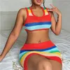 Work Dresses Y2K Knitted Striped Two Piece Skirt Set Halter Sexy Crop Top Summer Women Crochet Knit Mini Casual Dress 2 Outfit