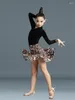 Palco desgaste crianças leopardo dança latina prática valsa 2 pcs terno moderno barriga traje clássico mangas compridas top jazz plissado saia conjunto