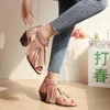 Sandaler Frostat material Back Zip Roman Style Fringed Women's Summer Ankle Weave Mönster Träkorn Chunky Heel Peep Toe