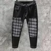 الجينز للرجال Fall Black High Street Denim Plaid Plaid Fashion Mattery Motorycle Hand-End Slim Fit Hombre