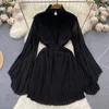 Casual Dresses XFPV Elegant Solid Stand Collar Fold Waist Closed Dress Women Leisure Pleated Vestido Female 2024 Summer Tide Fashion SM6137