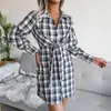 Vestidos casuais camisa bage tamanho longo plus para mulher blusa xadrez linho manga de noite camiseta outono algodão es